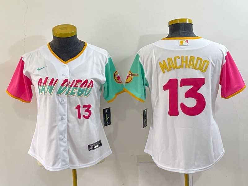 Women's San Diego Padres #13 Manny Machado White Number 2022 City Connect Cool Base Stitched Jersey,We sell and wholesale Women's San Diego Padres #13 Manny Machado White Number 2022 City Connect Cool Base Stitched Jersey on line form chian!
